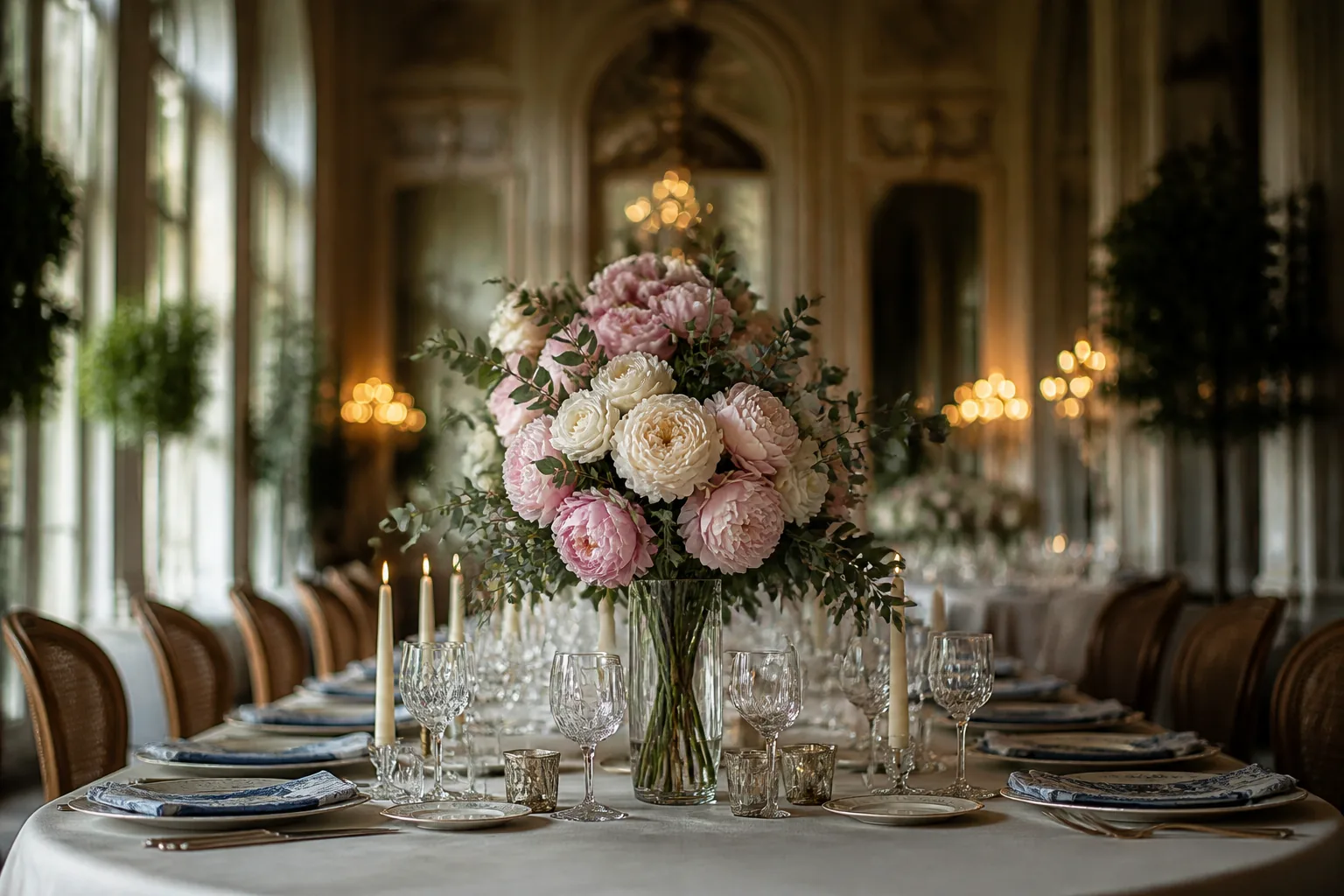 Décoration florale élégante sur une table de réception de mariage, ambiance chaleureuse et raffinée.